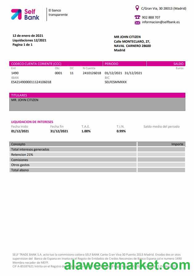 Spain Self Bank proof of address statement template in Word and PDF format, .doc and .pdf format